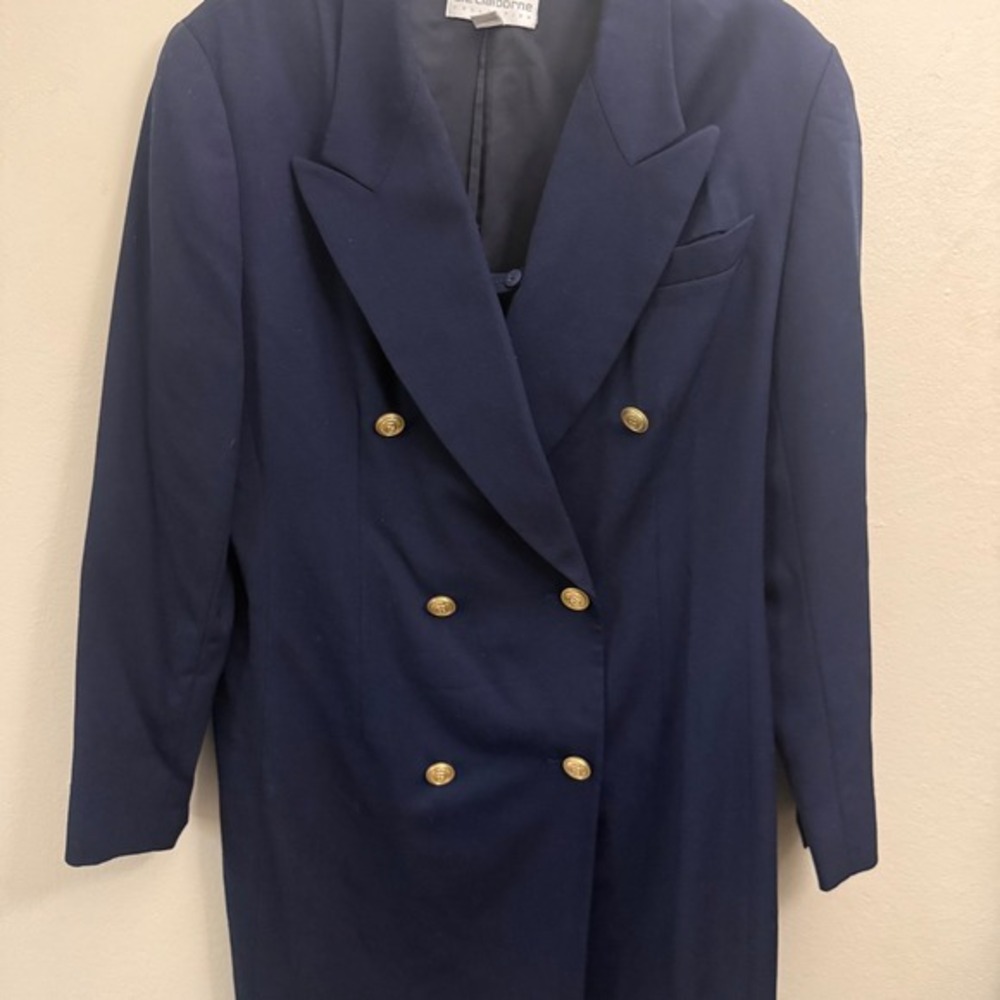 Liz Claiborne Collection Navy Blue Wool Double Breasted Blazer Coat Gold Buttons